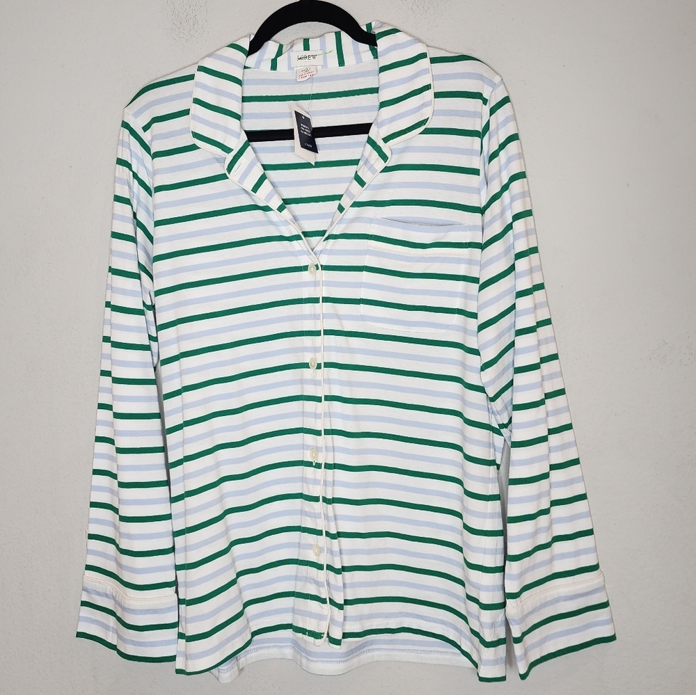 NWT J. Crew Knit Long Sleeve Button Pajama Top White Blue Green Size Large